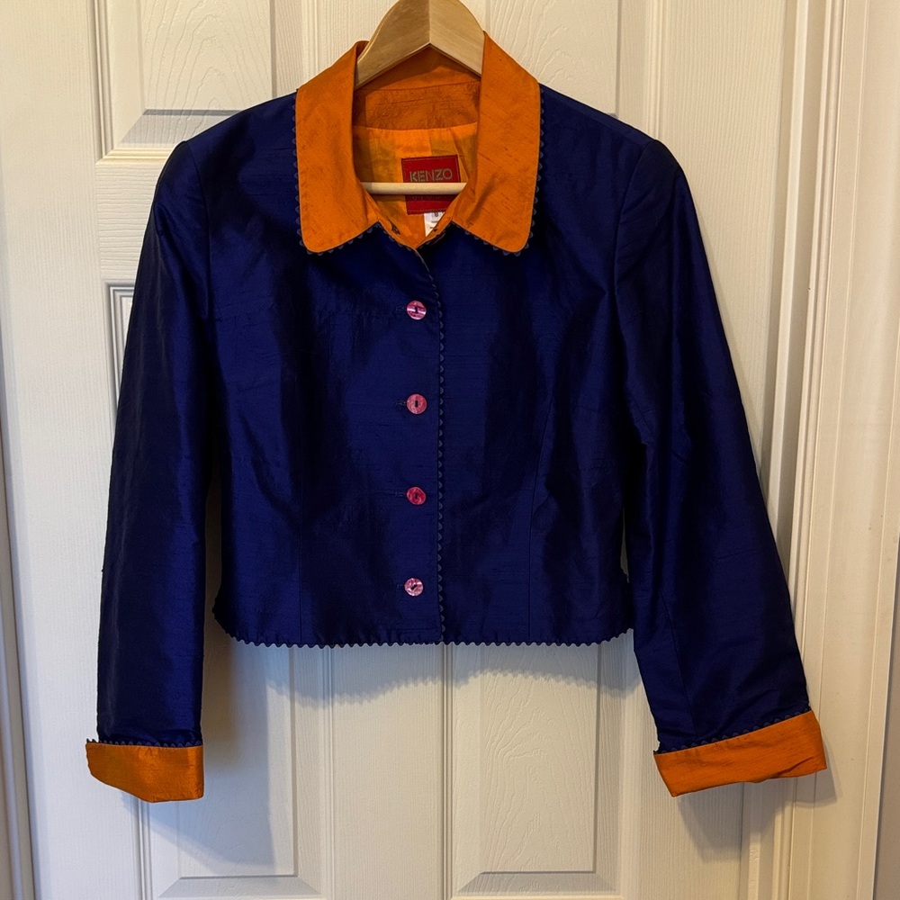 Kenzo Iridescent Blue Silk Jacket with Orange Collar & Cuffs